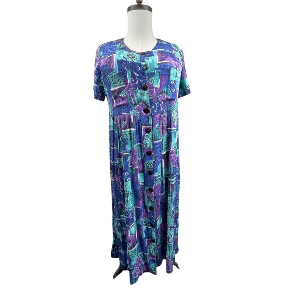 VTG 80s Blue Floral Maxi Dress XL Cottage Patchwork Empire Modest Shoulder Pads - Picture 1 of 7